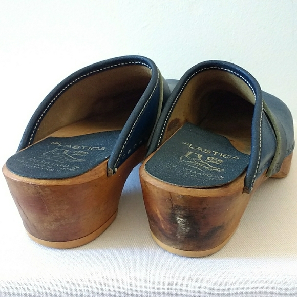 Vintage Træsko Wooden Shoes Clog Blue Slip On - Picture 3 of 8